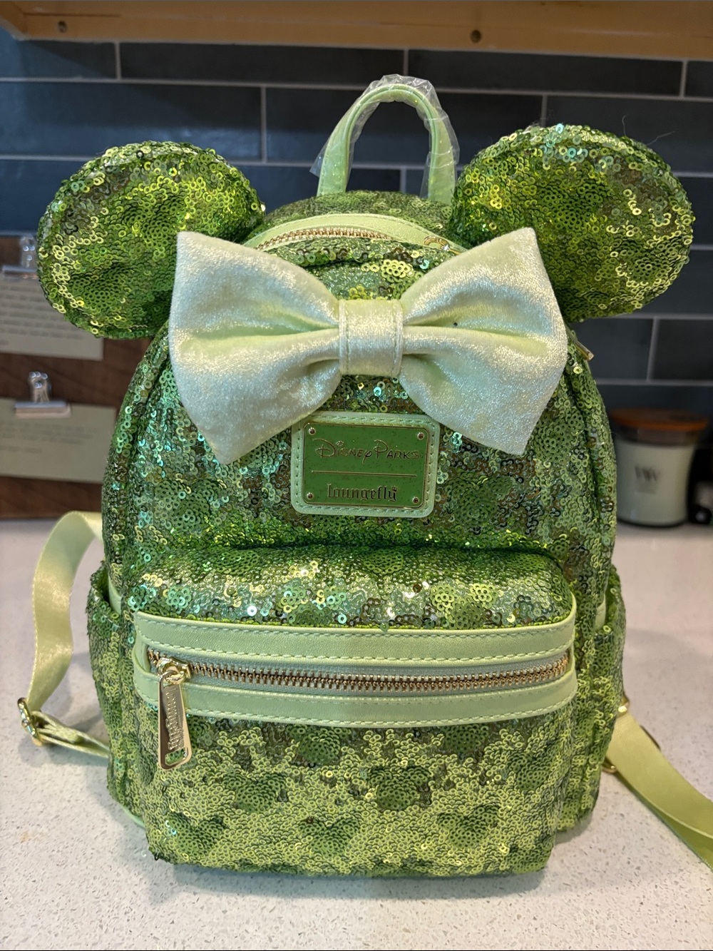 Disney Green Sequin Minnie Ear Loungefly Backpack with Hidden Mickeys. NWT